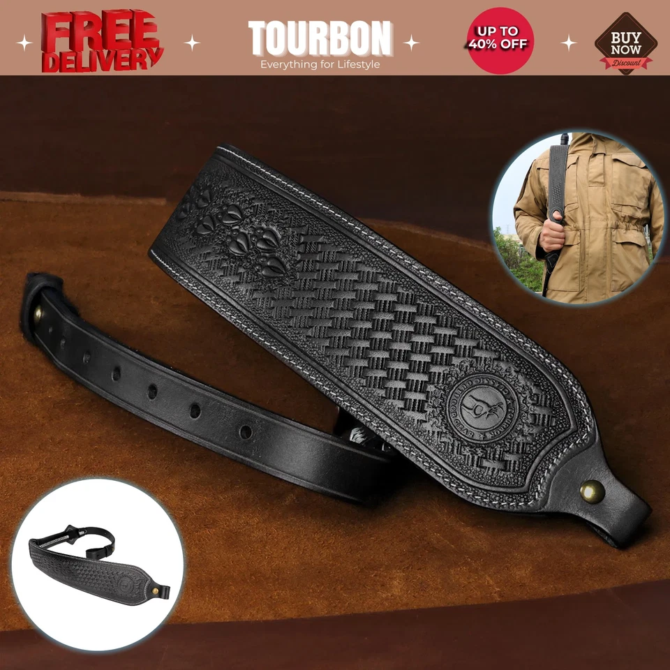 Tourbon Retro Black Leather Rifle Sling Gun Carry Strap Shooting Rest Adjustable - Image 1 of 4