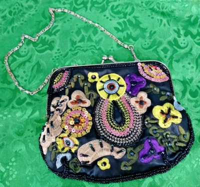 Cartera Bijoux Terner De Colección Años 80 Pequeña Con Cuentas Cierre a Presión Cadena Floral Negra Foto 1 de 4
