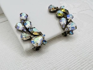 Weiss Cascading AB Teardrop Clip on Earrings Artful Couture Signed 1960s - Picture 1 of 10