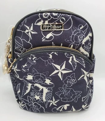 Betsey Johnson Backpack Mini Purse Bag Navy Canvas Graphic Print Charms 10x9x5 - Image 1 of 4