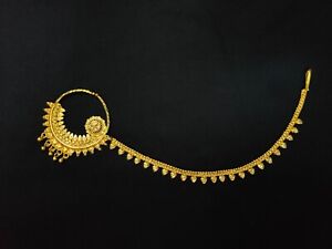 22K Gold plated Stunning 8" Long Elegant Chain Indian Bridal Nose Ring Set jas67