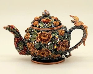 kettle shape Figurine Jewelry Trinket Box Antique copper multi enamel decorative - Picture 1 of 10