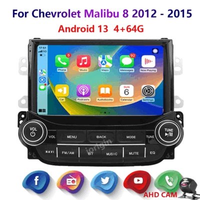 4-64GB Android 13 For Chevrolet Malibu 8 2012-15 Carplay Car Radio WIFI GPS Cam Foto 1 de 4
