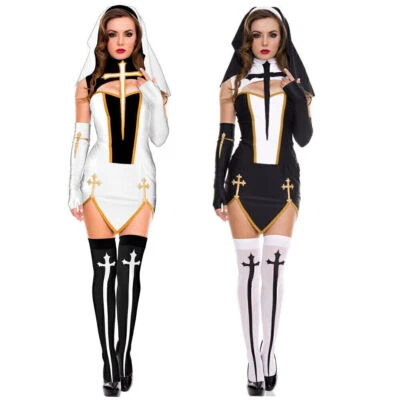 Womens Bad Habit Nun Costume w Thigh High Stockings Religious Sister Fancy Dress - image 1 of 4