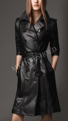 Women Stylish Black Genuine Real Leather Designer Knee Length Trench Coat - Image 1 of 4