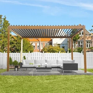 SHPAI 10x13FT Louvered Pergola Wood Grain Aluminum Pergola W/Adjustable Roof - Picture 1 of 7