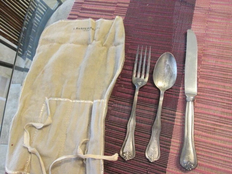 Small Serving Spoon, Knife & Fork by Frank Whiting in Bamberger Cloth Monogram L Cover