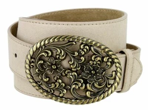 Suede Leather Casual Belt With Floral Engraved Cutout Buckle 1-1/2" Wide - Picture 1 of 2