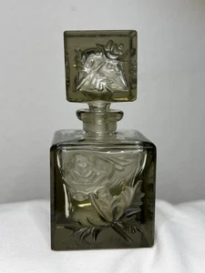 Vintage Smokey Green Glass  Perfume Bottle With Stopper ~ Etched Rose Flowers - Picture 1 of 16