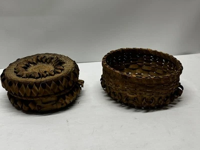 2x Antique Curly Ash Splint Basket Lidded Passamaquoddy Micmac Sweetgrass Maine - Image 1 of 4