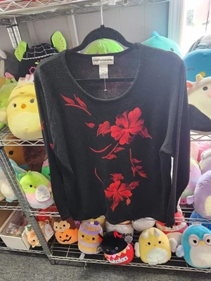 ВИНТАЖНЫЙ женский пуловер Cathy Daniels 2X с черными красными розами пушистый свитер - Изображение 1 из 2