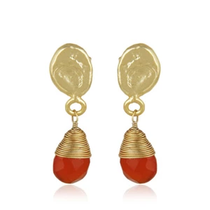 18k Gold Plated Wire Wrapped Carnelian Gemstone Drop Dangle Earring For Mom Gift - Picture 1 of 5