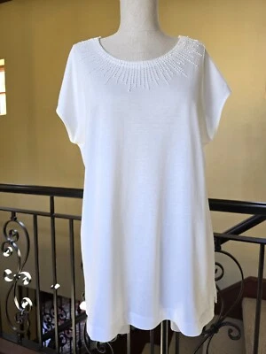 Joan Vass 2 M Mujer Camiseta Top Blusa Blanco Marfil Cuentas Tachuelas l Foto 1 de 4