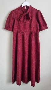Womens Handmade Burgundy Ditsy Floral Vintage Bow Tie Midi Dress Size Medium M - Picture 1 of 6