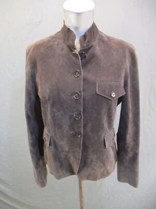 ANNE KLEIN Size S Womens Brown 100% Leather Button Up High Neck Seude Jacket 049 - Picture 1 of 7