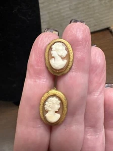 Marked CC 12K GF Cameo Earrings Genuine Shell Carved Oval Screw Back Vintage - Picture 1 of 15