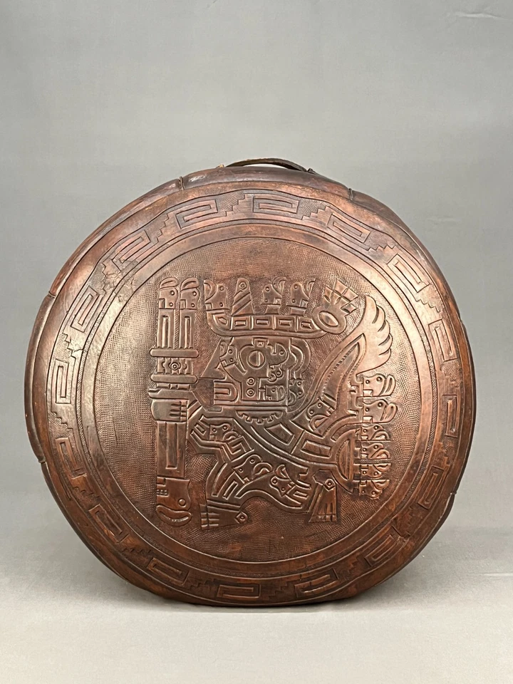 De Colección Marrón Cuero Tooled Peruano 20" Otomano Hassock con Asa; Años 40-50 Foto 1 de 4