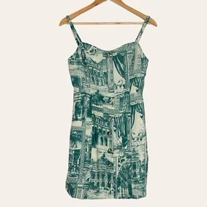 Emory Park Scene Dress Shirred Smocked Vacation Unique Pattern Print Sheath - Picture 1 of 13