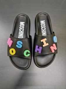 MOSCHINO Black Leather Slides Sandals with Lettering Logo - UK 4 / EU 37 - £420 - Picture 1 of 16