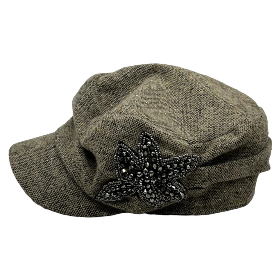 D + Y Cap Hat Bling Floral Embellished Elastafit Wool Blend Brown Tweed Women's - Image 1 of 4