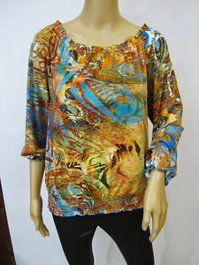 Peck & Peck Colorful Abstract Print Knit Wide Shoulder Smocked Detail Top M - Picture 1 of 4