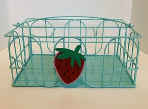Metal Wire Napkin and Utensil Caddy Teal w Strawberry w Handle Picnic Outdoor - Picture 1 of 7