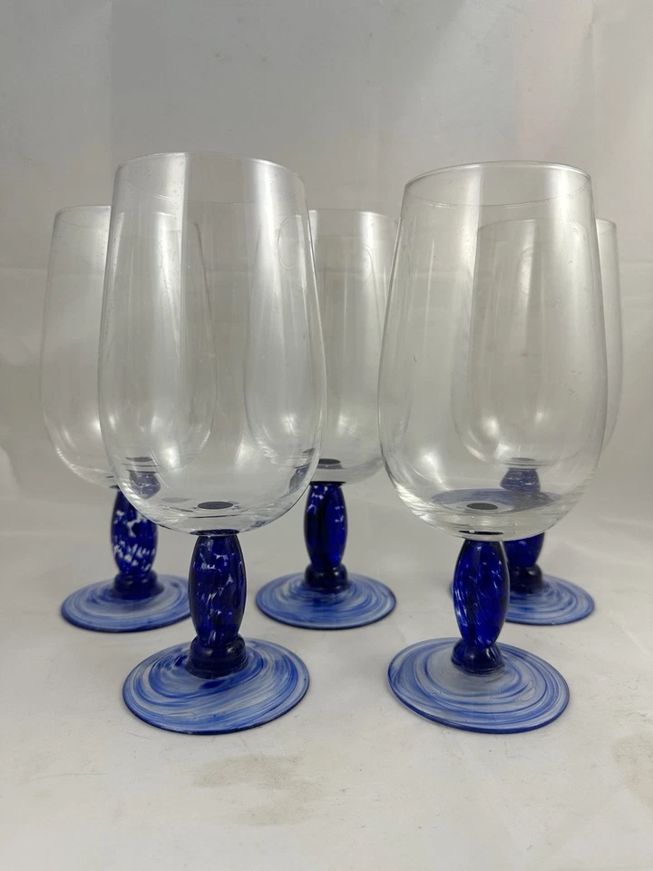 Denby Cobalt Blue Stem Swirl Dot Water Goblets 22 oz Iced Tea Glasses Set Of 5 - Image 1 of 4