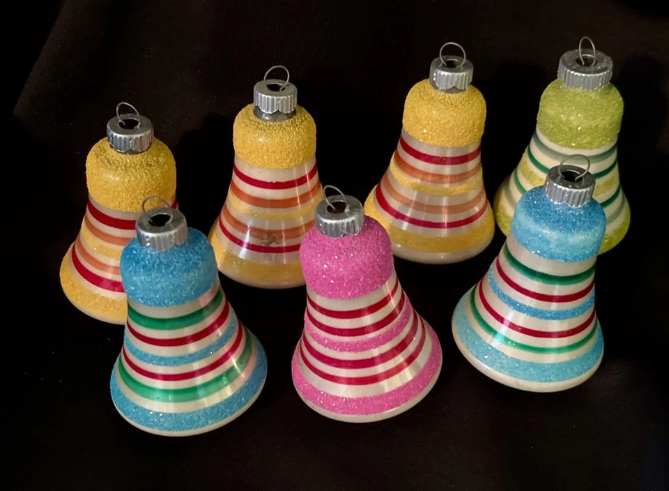 7 Vintage Mica Striped Mini Glass Bell Christmas Ornament ~ Shiny Brite ~ No Box - Image 1 of 4
