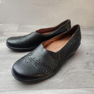 Hush Puppies schwarze bequeme Damen-Slipper aus Leder mit Keilabsatz flache Schuhe - Bild 1 von 15