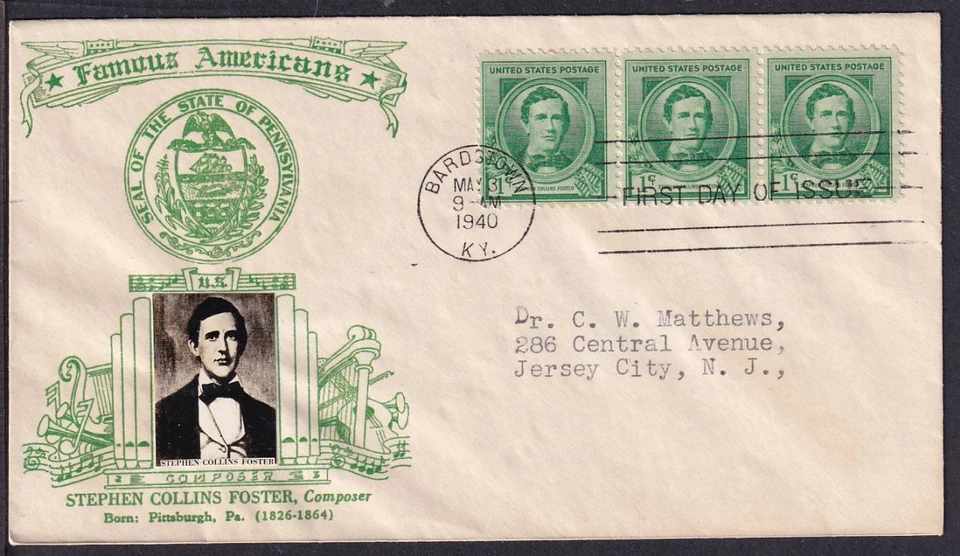 1940 Stephen Foster composer Sc 879-37F FDC with Crosby real photo cachet (PT - Image 1 of 1