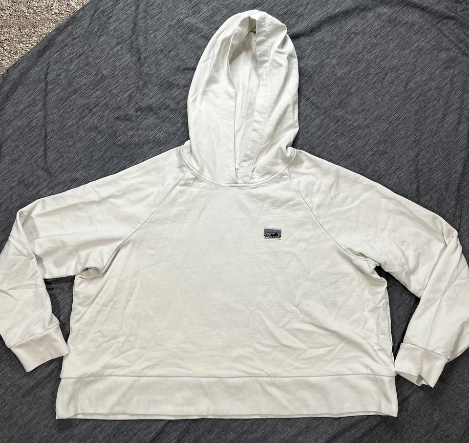 Moletom com capuz Patagonia feminino XL branco algodão orgânico logotipo pulôver raglan - Imagem 1 de 4
