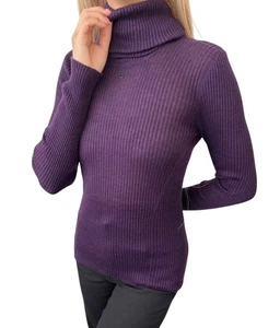 CHANEL Vintage 98A CC Logo Rib Knit Sweater Top #40 Turtleneck Purple Cashmere - Picture 1 of 11