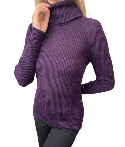 Maglione CHANEL Vintage 98A CC Logo Maglia a costine #40 Girocollo Viola Cashmere