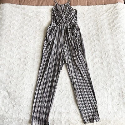 Mono BCBGeneration para mujer XS púrpura azul a rayas drapeado bolsillo patrón cuello en V Foto 1 de 4