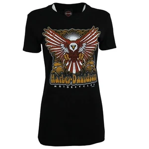 Ladies Harley Davidson New Eagle Graphic Cotton Body Fit Black Tops T Shirts 152 - Picture 1 of 3