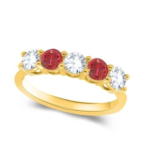 Lab Grown Diamond & Simulated Rubuy 5 Stone wedding Band 14K Solid Gold 1.65 Ct - Picture 1 of 13