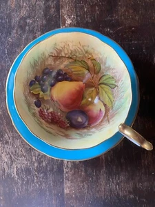 VTG Aynsley Orchard Fruit Teacup And Saucer Set Signed D Jones Turquoise Blue - Picture 1 of 12
