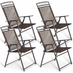 Set of 4 Patio Folding Sling Chairs Steel Textilene Camping Deck Garden Pool New - Picture 1 of 12