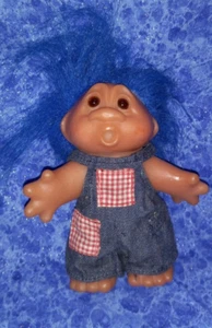 Vintage Dam Troll Country Farmer Overalls Green Rake Blue Hair 5" 1986 RARE - Picture 1 of 3