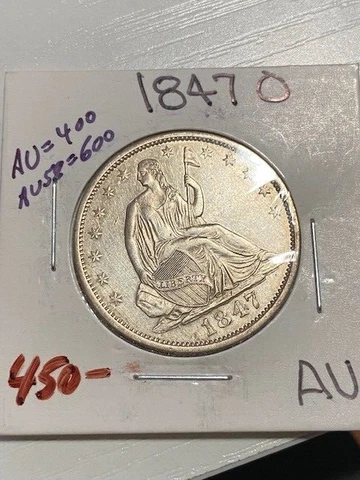 1847-O Seated Liberty Half Dollar 50 Cent Amazing Type Coin, Free Shipping Cover