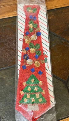 复古 Wang's 亮片串珠红色丝绸圣诞领带丑陋毛衣派对新品 — 第 1/4 张图片