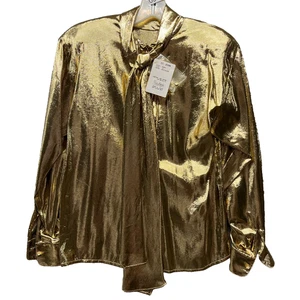 St John Long Sleeve Top Womens 6 Metallic Gold with Bow Buttons Shiny NWT $450 - Picture 1 of 9