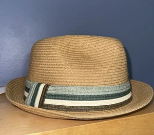 August Hat Company Men’s Straw Fedora With Blue Green Stripe Band NWT - Picture 1 of 9