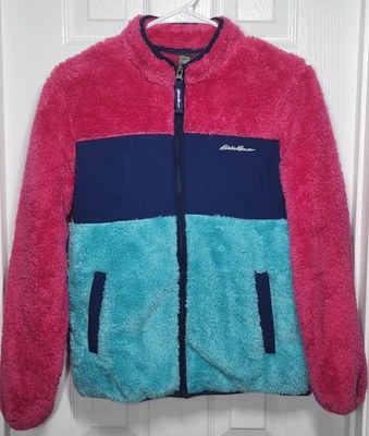 Eddie Bauer Jacket Youth Girls Sz L (14) Pink Blue Fleece Full Zip Fuzzy Sherpa - Image 1 of 4