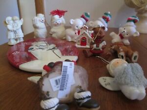 Christmas Porcelain China Ornaments Lot of 13 Bears Bells Snow Babies Hot Plate