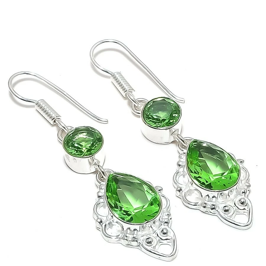 Brinco de prata esterlina 925 feito à mão com pedra preciosa de ametista verde tamanho 2,1"" - Imagem 1 de 1