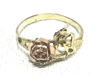 Beautiful Solid Real 14K Yellow Gold Band Ring w/ Rose Gold Flower Women Size 7 - Picture 1 of 14