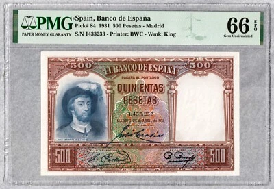 1931 Spain 500 Pesetas Banknote, PMG UNC 66 EPQ - Image 1 of 2