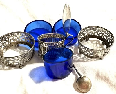Antigos potes de sal de cobalto de prata esterlina Art nouveau, feitos em 1800 EUA Gorham - Imagem 1 de 4