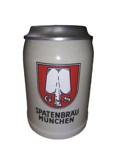 GS Spatenbrau Munchen German Stoneware .5L Beer Stein Mug Grey Silver Flip Top - Picture 1 of 10